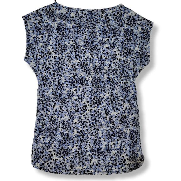 Michael Kors Blue Micro Floral AOP Ruched Fitted Blouse with Cap Sleeves - Picture 2 of 8